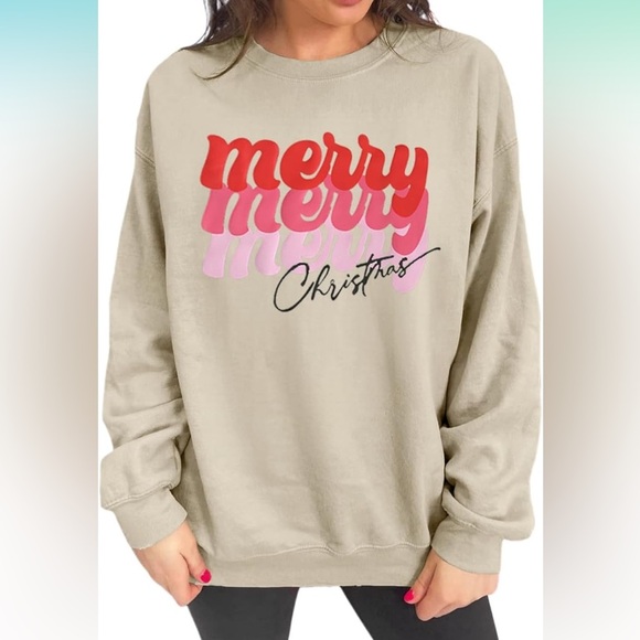 Women Merry Christmas Crewneck Sweatshirt Graphic Shirt Long Sleeve Xmas Size L - Picture 1 of 12